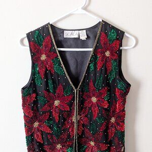 Vintage Scala 100% Silk Sequin Beaded Poinsettia Christmas Holiday Vest Size S